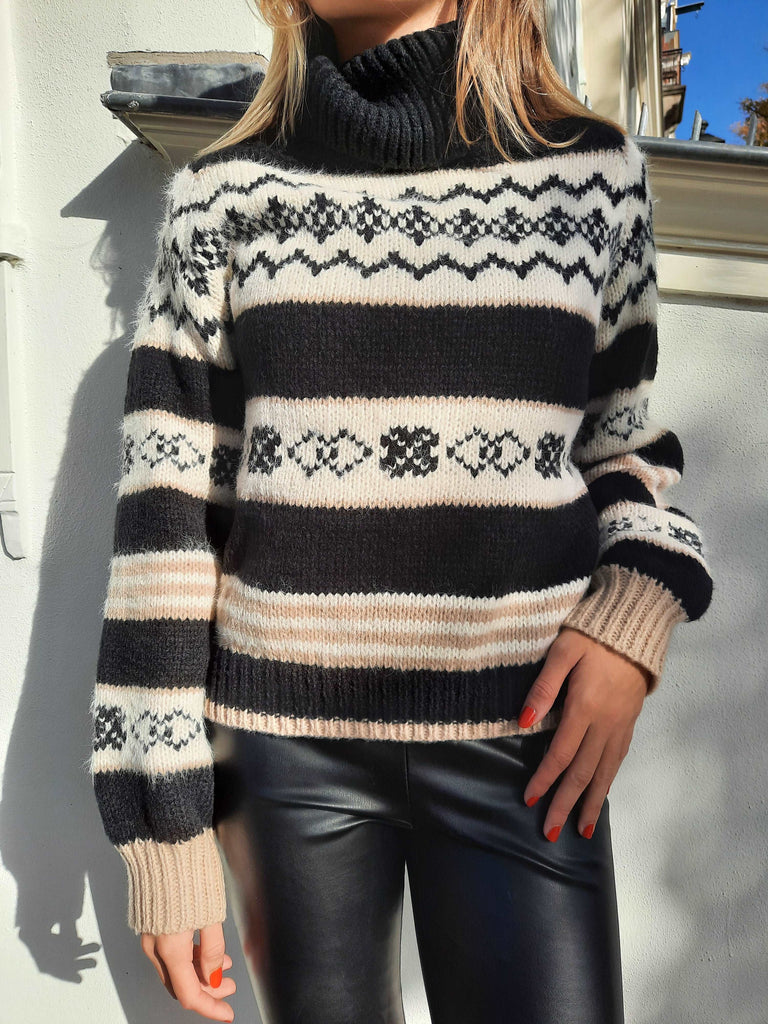 black and white turtleneck sweater