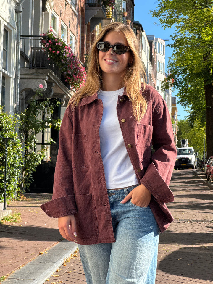 bordeaux kleur katoenen jack met knopen en zakken, ongevoerd