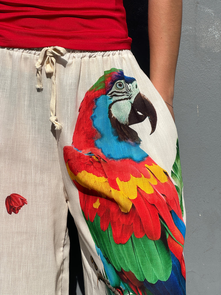 unieke broek met papegaai print