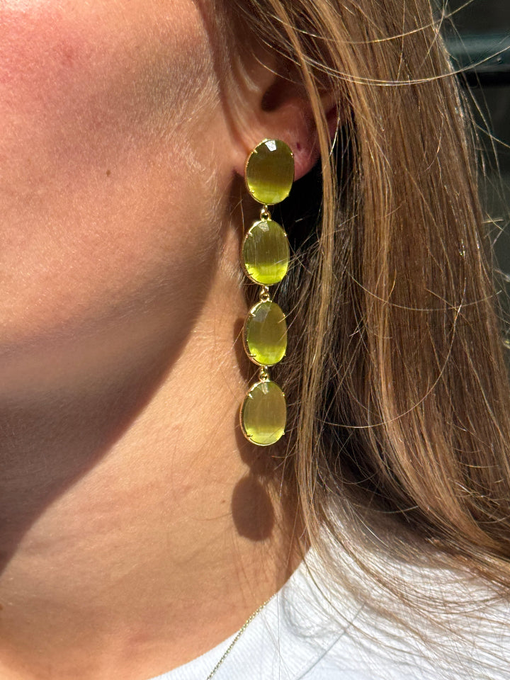 lange groene oorbellen groene cateye, roestvrij staal met studsluiting.