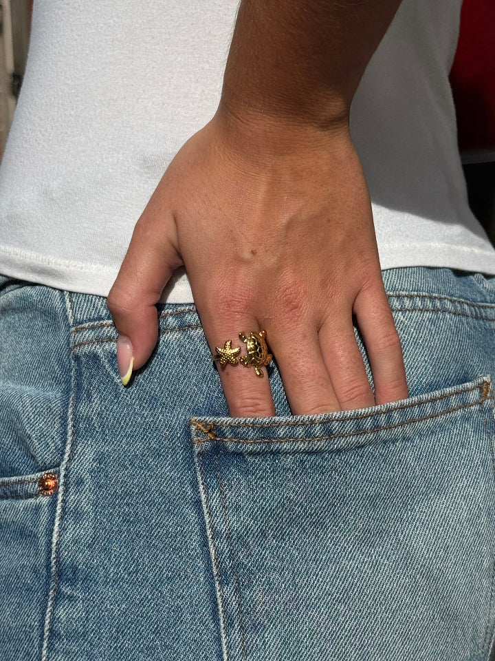 roestvrij stalen ring met schildpad en zeester, iets verstelbaar