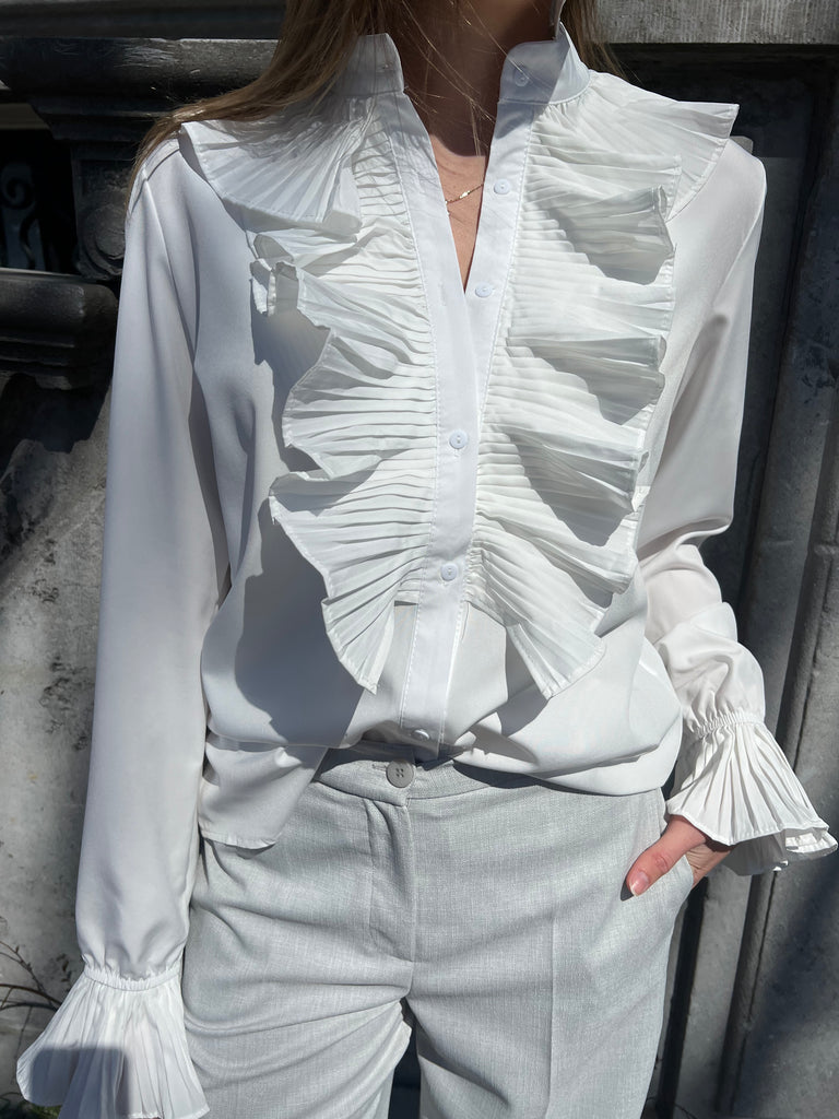 witte stijlvolle plissee blouse met lange mouw